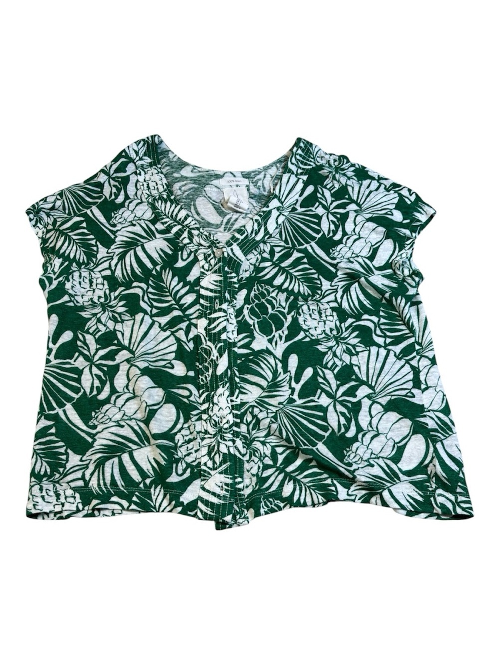Joie Tropical Palm Print Linen Cropped Top Green White V-Neck Size S
